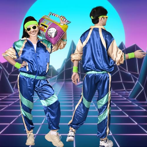 Disfraz de Chándal Años 80, Traje de Chándal Retro para Hombres y Mujeres, Chaqueta, Pantalón, Gafas, Muñequera para Rockstar Carnaval Halloween Cosplay Fiestas Disfraz de Neón (XL, Azul)