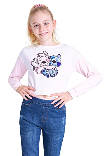 Disney Sudadera Niña Stitch, Sudadera Corta Niña, Sudadera Crop Top para Niñas Lilo y Stitch, Ropa para Niñas 7-14 años (13-14 años, Beige/Rosa)