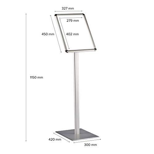 DISPLAY SALES - Soporte de información clásico DIN A3 Rondo para carteles 297 x 420 mm, plata | porta folletos (1,2 m de altura) | Placa base de aluminio pesad para formato retrato/paisaje