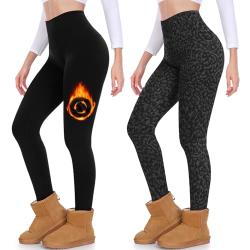 Diu Life Pantalones térmicos para Mujer, con Forro Polar Interior, Cálidos para Mujer Elástico Pantalones de Cachemira.C5-Negro/Amarillo Leopardo S/M