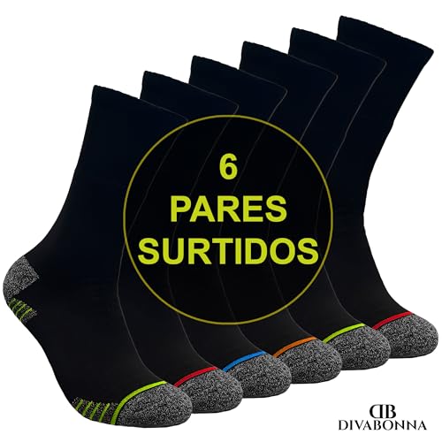 DIVABONNA 6 Pares Calcetines Trabajo Hombre – Calcetines Térmicos Hombre – Calcetines Térmicos de Algodón Reforzados - Calcetines Trekking (40-46, Negro Colores)