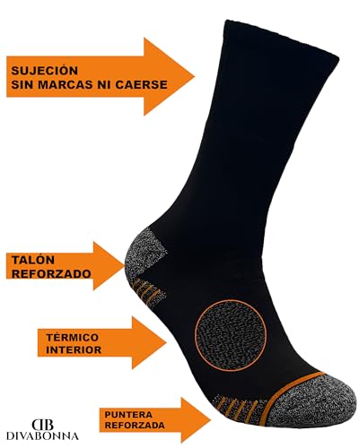 DIVABONNA 6 Pares Calcetines Trabajo Hombre – Calcetines Térmicos Hombre – Calcetines Térmicos de Algodón Reforzados - Calcetines Trekking (40-46, Negro Colores)