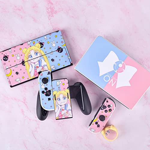 DLseego Pegatina Compatible con Switch OLED, Juego Completo de Calcomanías de Placa Frontal para Switch OLED Consola y Controlador Joy-con y Base, Azul y Rosa Sailor Moon