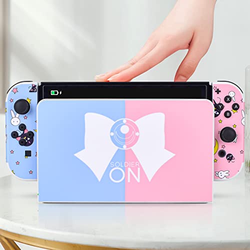 DLseego Pegatina Compatible con Switch OLED, Juego Completo de Calcomanías de Placa Frontal para Switch OLED Consola y Controlador Joy-con y Base, Azul y Rosa Sailor Moon