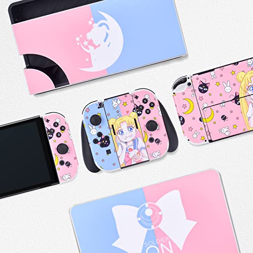 DLseego Pegatina Compatible con Switch OLED, Juego Completo de Calcomanías de Placa Frontal para Switch OLED Consola y Controlador Joy-con y Base, Azul y Rosa Sailor Moon