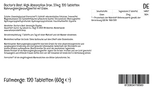 Doctor's Best High Absorption Iron (bisglicinato de hierro), 27mg, 120 Comprimidos Veganos, Testado en Laboratorio, Sin Gluten, Sin Soja, Vegetariano, No GMO