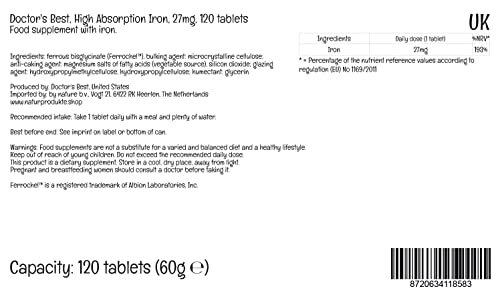 Doctor's Best High Absorption Iron (bisglicinato de hierro), 27mg, 120 Comprimidos Veganos, Testado en Laboratorio, Sin Gluten, Sin Soja, Vegetariano, No GMO