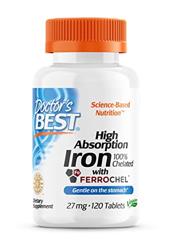 Doctor's Best High Absorption Iron (bisglicinato de hierro), 27mg, 120 Comprimidos Veganos, Testado en Laboratorio, Sin Gluten, Sin Soja, Vegetariano, No GMO