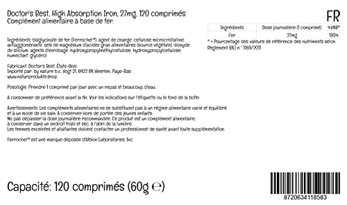 Doctor's Best High Absorption Iron (bisglicinato de hierro), 27mg, 120 Comprimidos Veganos, Testado en Laboratorio, Sin Gluten, Sin Soja, Vegetariano, No GMO