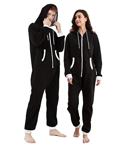 Dodheah Pijama Mono Invierno Muje Hombre Negro Zips Onesie Adulto Navidad Dormir Ropa de Salón Pijamas Cosplay Traje-XL