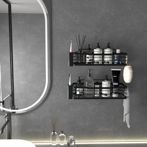 DoDuo Estanteria Baño, 2 Piezas Organizador Baño sin Taladro Estanteria Ducha Pared con Caja Ganchos Negro Accesorios Bano para Jabón Champú Secador