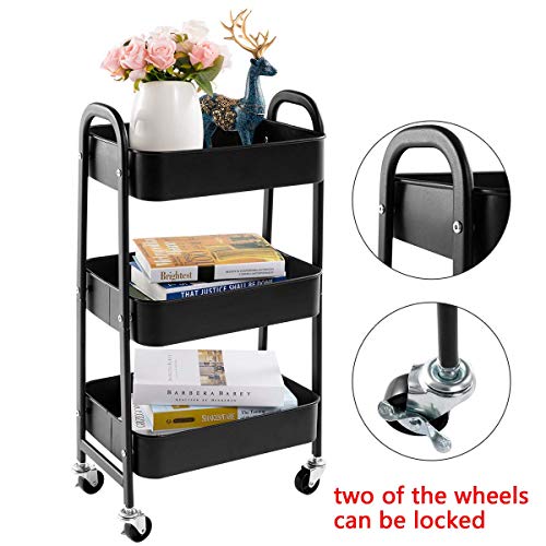 DOEWORKS Carro de Almacenamiento Carro de Servicios Metálicos de 3 Niveles Carro rodante Carro Organizador con Ruedas para Cocina Maquillaje Baño Oficina, Negro