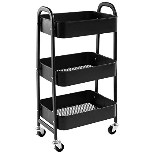 DOEWORKS Carro de Almacenamiento Carro de Servicios Metálicos de 3 Niveles Carro rodante Carro Organizador con Ruedas para Cocina Maquillaje Baño Oficina, Negro