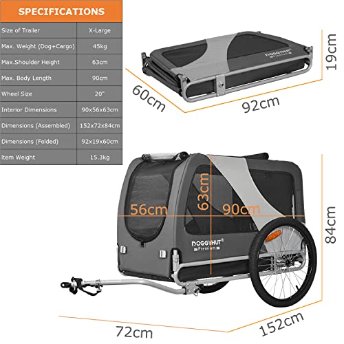 DOGGYHUT® - Remolque de bicicleta para perros (tamaño XL, hasta 45 kg, para perros, para bicicleta, perros grandes, 80103), color gris