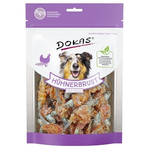 Dokas Bocadillo masticable de pechuga de pollo con pescado, 3 unidades de 220 g, golosinas para perros, como recompensa entre las comidas habituales, secado al aire, en bolsa de frescura