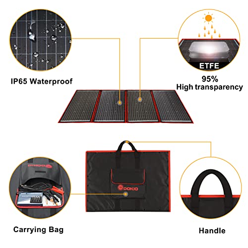 DOKIO Panel Solar Portatil 200W 18V Kit Monocristalino (Alta Eficiencia) con regulador de carga solar y cable fotovoltaico para batería de coche de 12V, AGM, batería de gel, batería de ácido