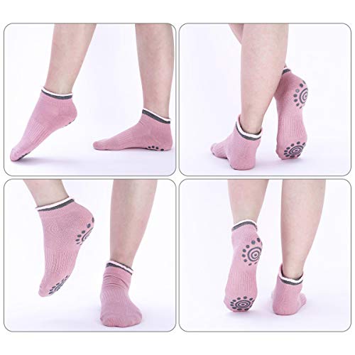 Dokpav Calcetines Pilates Yoga 4 Par Calcetines Antideslizantes de Deporte Traspirable Mujer para Yoga Pilates Barra Ballet Danza Fitness Algodon (Rosa/Gris/Blanco/Negro)