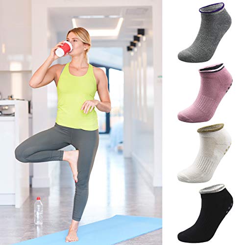 Dokpav Calcetines Pilates Yoga 4 Par Calcetines Antideslizantes de Deporte Traspirable Mujer para Yoga Pilates Barra Ballet Danza Fitness Algodon (Rosa/Gris/Blanco/Negro)