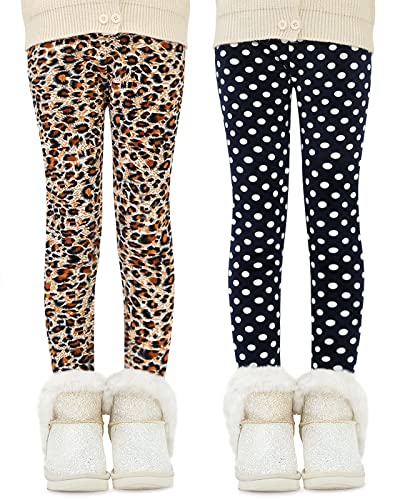 Domee Leggins Invierno Térmicos Pantalones Forro Polar Niña Pack de 2 Leopardo + Puntos Negros 9-10 años (Talla del Fabricante 150)