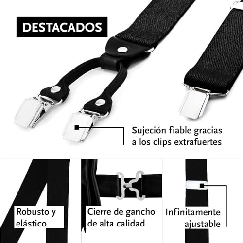 DonDon Set de tirantes y pajarita para hombre, forma de Y, ancho 3,5 cm, hecho a mano - Elegante accesorio para boda, fiesta, smoking - Negro