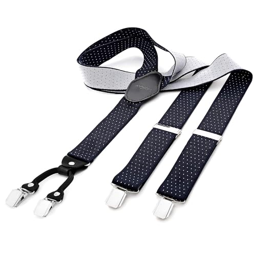 DonDon Tirantes hombre anchos 3,5 cm con 4 clips extra fuertes tirantes para pantalones hombre - con lunares en azul blanco