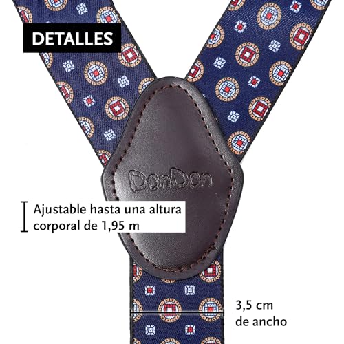 DonDon Tirantes hombre anchos 3,5 cm con 4 clips extra fuertes tirantes para pantalones hombre y parche de cuero marrón azul obscuro con dibujos