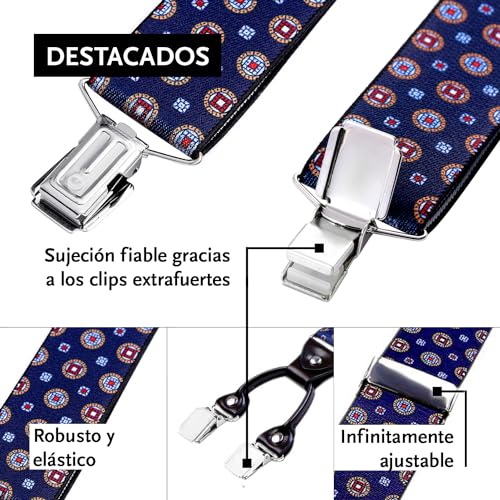 DonDon Tirantes hombre anchos 3,5 cm con 4 clips extra fuertes tirantes para pantalones hombre y parche de cuero marrón azul obscuro con dibujos