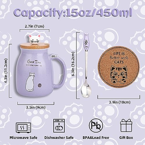 DONGSHANGIFT Juego de 2 tazas de gato Taza de Té Gato Taza de Cerámica con Tapa y Cuchara Kawaii Tazas para Mujer 500ml Navidad Cumpleaños Taza Regalo Gato (Morado y Amarillo)