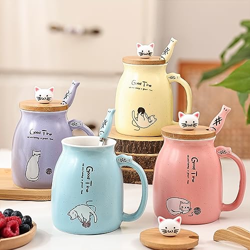 DONGSHANGIFT Juego de 2 tazas de gato Taza de Té Gato Taza de Cerámica con Tapa y Cuchara Kawaii Tazas para Mujer 500ml Navidad Cumpleaños Taza Regalo Gato (Morado y Amarillo)