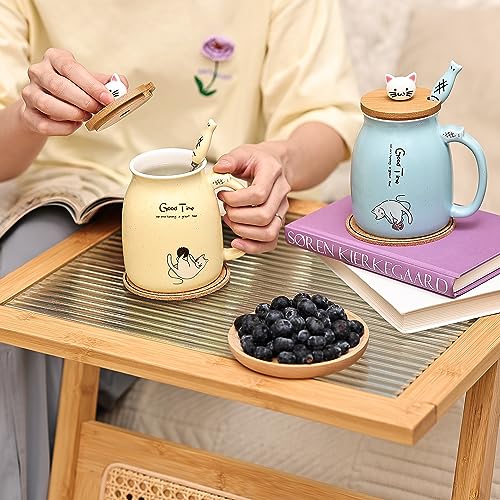 DONGSHANGIFT Juego de 2 tazas de gato Taza de Té Gato Taza de Cerámica con Tapa y Cuchara Kawaii Tazas para Mujer 500ml Navidad Cumpleaños Taza Regalo Gato (Morado y Amarillo)