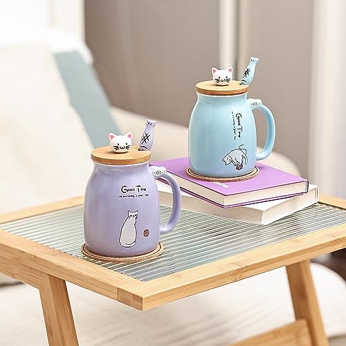 DONGSHANGIFT Juego de 2 tazas de gato Taza de Té Gato Taza de Cerámica con Tapa y Cuchara Kawaii Tazas para Mujer 500ml Navidad Cumpleaños Taza Regalo Gato (Morado y Amarillo)