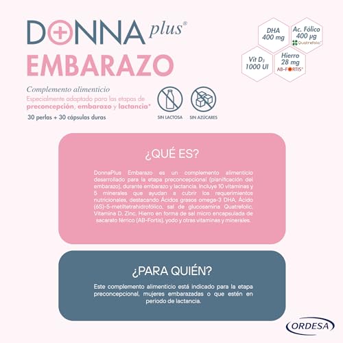 DONNAplus Embarazo - Complemento Alimenticio para el Embarazo con DHA, Ácido fólico, Yodo, Vitaminas y Minerales, 30 Perlas y 30 Cápsulas Duras