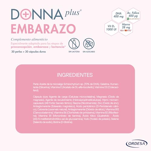 DONNAplus Embarazo - Complemento Alimenticio para el Embarazo con DHA, Ácido fólico, Yodo, Vitaminas y Minerales, 30 Perlas y 30 Cápsulas Duras