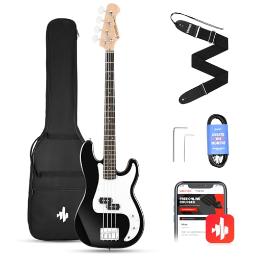 Donner 4 cuerdas Bajo Eléctrico Tamaño Completo con bolsa, correa de guitarra y cable de guitarra (Negro, DPB-510B)