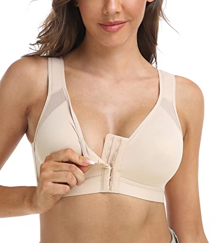 DotVol Sujetador Corrector de Postura con Cierre Delantero para Mujer Sujetador Básico Tirantes Anchos Tallas Grandes Tejido Cómodo （85C,Beige）