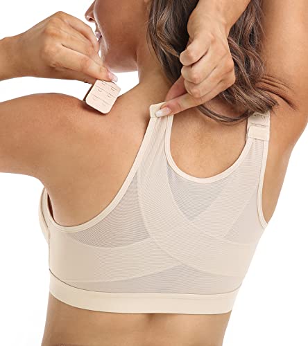 DotVol Sujetador Corrector de Postura con Cierre Delantero para Mujer Sujetador Básico Tirantes Anchos Tallas Grandes Tejido Cómodo （85C,Beige）