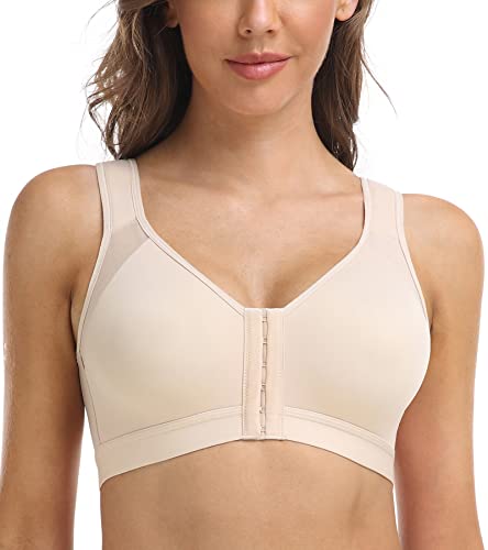 DotVol Sujetador Corrector de Postura con Cierre Delantero para Mujer Sujetador Básico Tirantes Anchos Tallas Grandes Tejido Cómodo （85C,Beige）