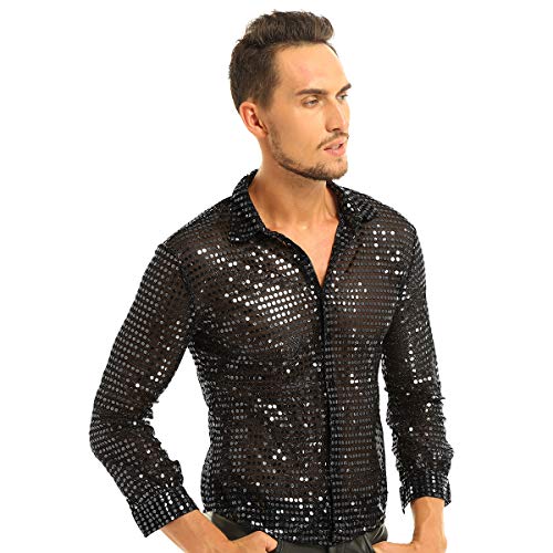 dPois Camisa Delgada Lentejuelas Manga Larga para Hombre Atractiva Camisa de Danza Baile Latino Brillante Sexy Traje de Baile Disfraz Club Nocturno Partido Negro XL