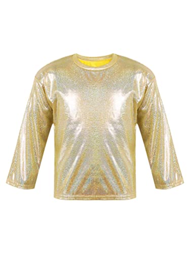 dPois Camiseta Manga Corta para Niña Camiseta de Metálico Brillante Lentejuelas Top Fiesta Actuación Camiseta de Danza Hip Hop Otoño Casual Unisex Dorado 5-6 años