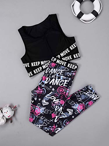 dPois Ropa Deportiva Niñas Chandales Estampados Crop Top Corto y Pantalones Leggings Deporte Chicas Chalecos Deportivos Danza Conjuntos Gym Yoga Fitness Balck y rosa rojo 13-14 años