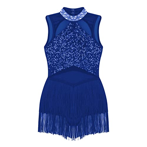 dPois Vestido de Baile Latina para Niña con Flecos Maillot de Ballet Danza Lentejuelas Body de Danza Traje de Baile Salsa Samba Disfraz de Bailarina A Azul 11-12 años