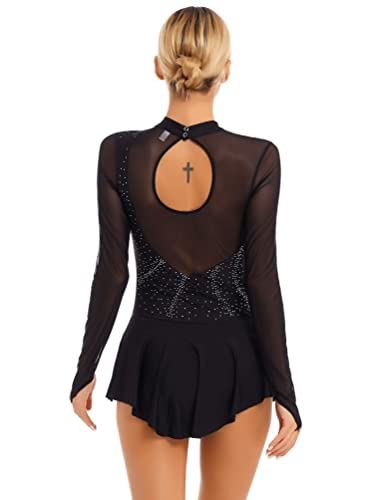 dPois Vestido de Patinaje Artístico Mujer Maillot de Patinaje Manga Larga de Malla Transparente Leotardo con Falda Gimnasia Body de Danza Espalda Abierto B Negro M