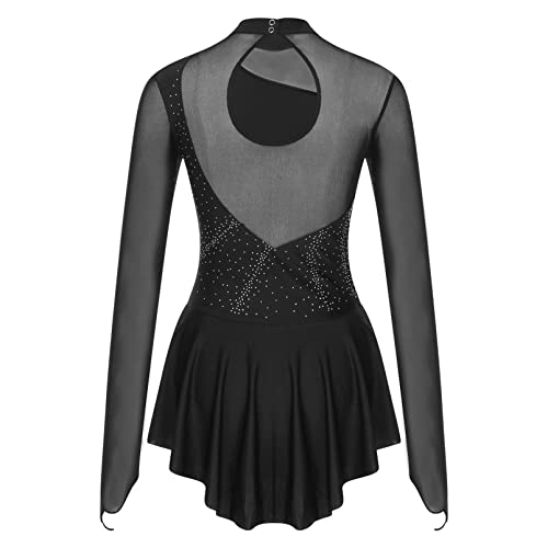 dPois Vestido de Patinaje Artístico Mujer Maillot de Patinaje Manga Larga de Malla Transparente Leotardo con Falda Gimnasia Body de Danza Espalda Abierto B Negro M