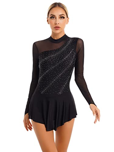 dPois Vestido de Patinaje Artístico Mujer Maillot de Patinaje Manga Larga de Malla Transparente Leotardo con Falda Gimnasia Body de Danza Espalda Abierto B Negro M