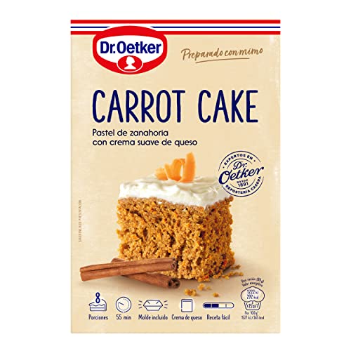 DR. OETKER Pastel de Zanahoria, Preparado para Tarta de Zanahoria con Crema de Queso - Estuche con Mezcla para Bizcocho 265g y Mezcla para Crema de Queso 50g y 1 Molde (Cantidad 8 Raciones)