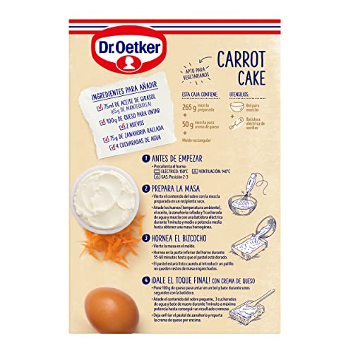 DR. OETKER Pastel de Zanahoria, Preparado para Tarta de Zanahoria con Crema de Queso - Estuche con Mezcla para Bizcocho 265g y Mezcla para Crema de Queso 50g y 1 Molde (Cantidad 8 Raciones)