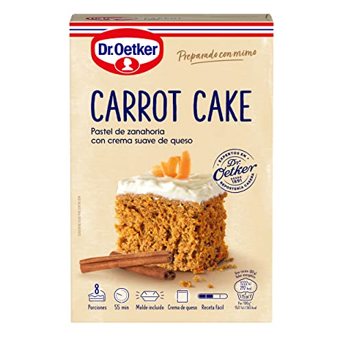 DR. OETKER Pastel de Zanahoria, Preparado para Tarta de Zanahoria con Crema de Queso - Estuche con Mezcla para Bizcocho 265g y Mezcla para Crema de Queso 50g y 1 Molde (Cantidad 8 Raciones)