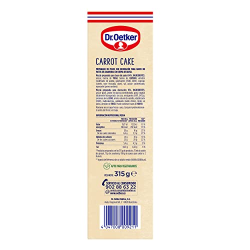 DR. OETKER Pastel de Zanahoria, Preparado para Tarta de Zanahoria con Crema de Queso - Estuche con Mezcla para Bizcocho 265g y Mezcla para Crema de Queso 50g y 1 Molde (Cantidad 8 Raciones)