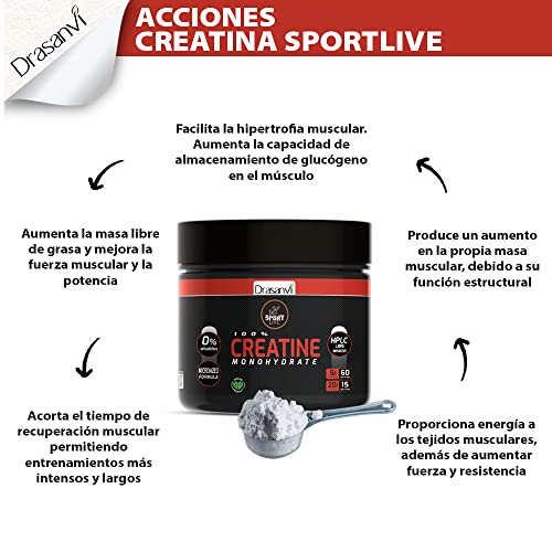 Drasanvi Creatina Monohidratada, Creatina Pura Polvo, Beneficios de la Creatina Monohidrato a nivel muscular, cognitivos y metabólicos, Favorece el uso de ATP, Sin sabor, 300 gr= 60 días