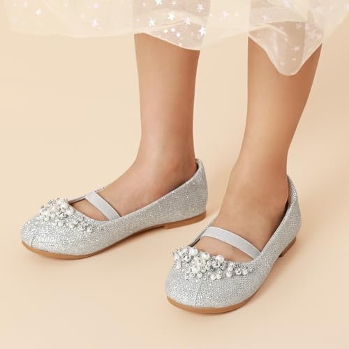 DREAM PAIRS Kids Zapatos Niña Vestir Bailarina Mary Jane Zapatos Planos para Niña Zapatos Princesa Niñas Plata-Brillo AURORA-03-E Talla 36 (EUR)